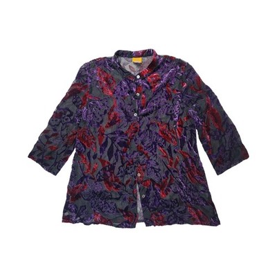 Ruby Rd Sz 18 Velour Sheer Button Up Evening Blouse Floral Print