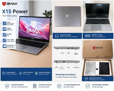 BMAX X15 Power 15,6 Zoll FHD Notebook i3-8109U 16GB 512GB SSD Win 11 Grau