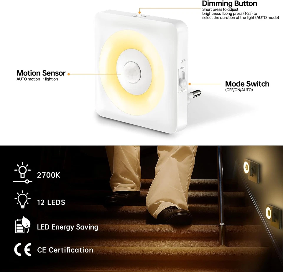 Luce Notturna Bambini Da Presa, [2 Pezzi] 2700K Luci Notturne Con Sensore Movime - Immagine 3 di 4