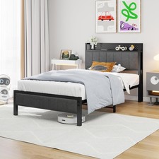 Single Bed Frame with Storage Headboard Shelf, 3ft Upholstered Bed Frame Single