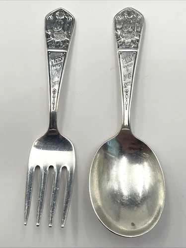 Sterling Silver Childs Baby Fork & Spoon Mary Had a Little Lamb .925 Vintage