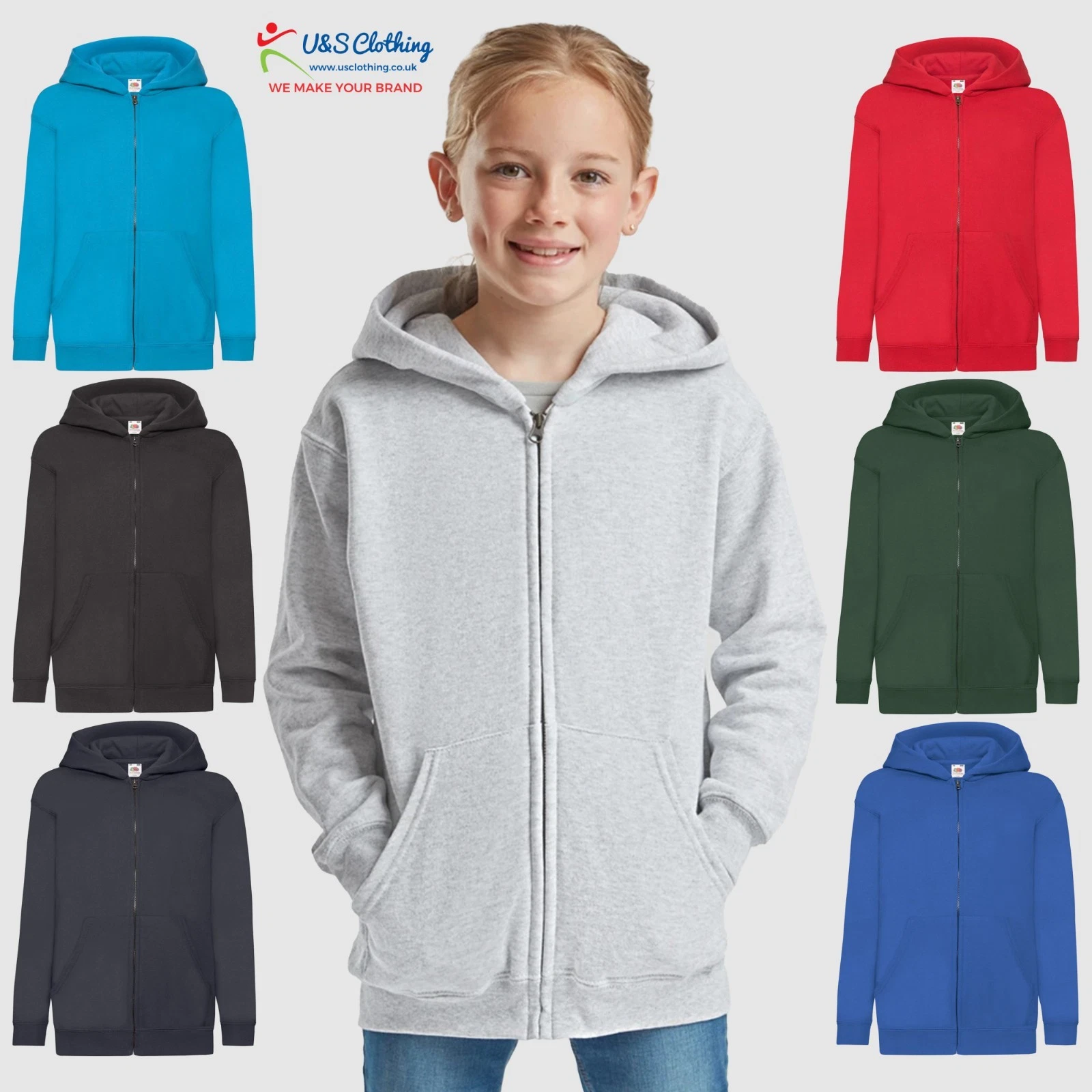 Fruit Of The Loom Kids Classic Zip Hooded Sweatshirt Jacket Plain Casual Hoodie