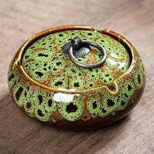 Handmade Ceramic Ashtray With Lids Windproof Ashtray Smokeless For Indoor Or
