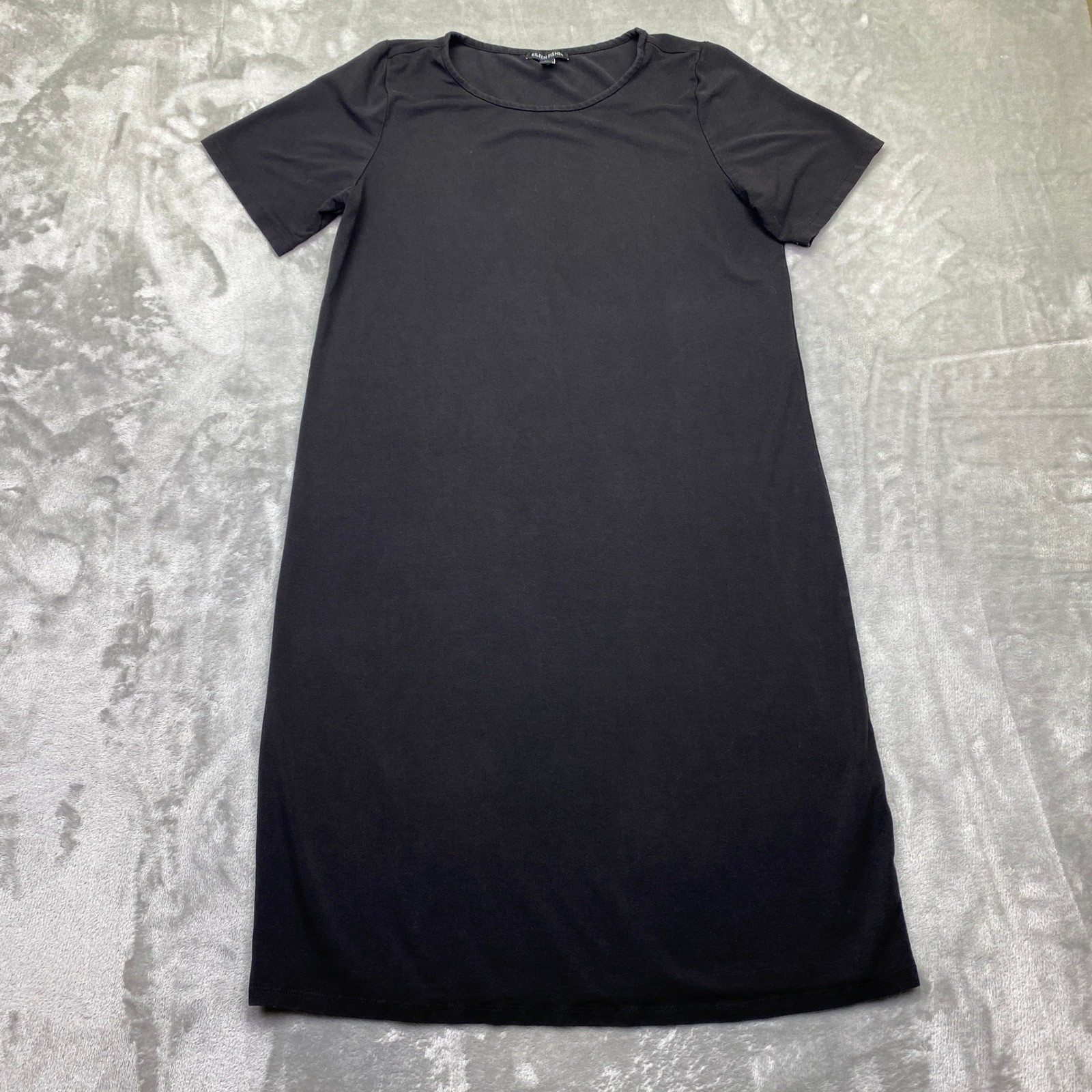 Eileen Fisher Fine Tencel Jersey Dress Black Lyocell Short Sleeve Tunic Dress S