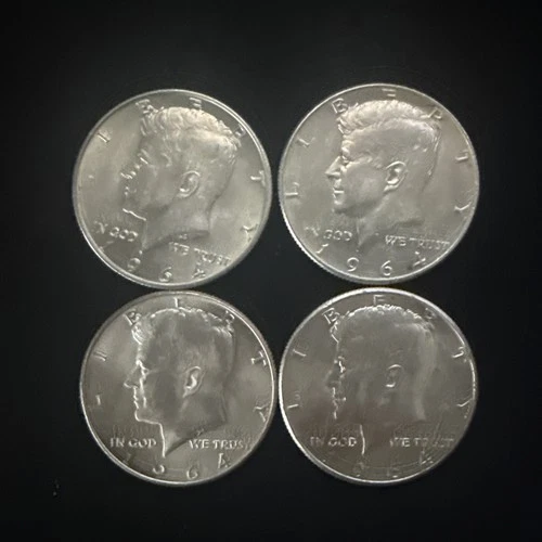 1964 Kennedy Half Dollar Silver Coins Lot of 4, 50C,  90% 0.9 Silver