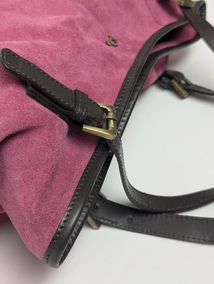 Dayaday Suede Leather Shoulder Bag Pink Tote w/ Brown Straps Brass Buckles - Image 4 of 4