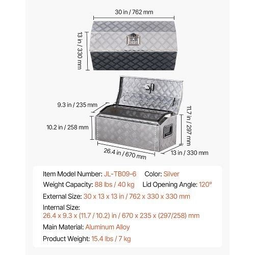30"x13"x13" Heavy Duty Aluminum Truck Bed Tool Box for Pickup RV Silver - Picture 6 of 10