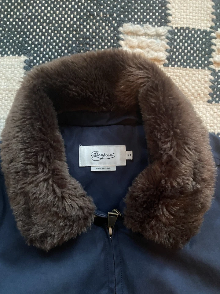 Bonpoint Paris Kids Bomber Jacket Coat Navy Blue 12A Fur Colar Trim - Image 2 of 4