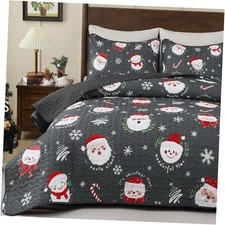 3 Piece Christmas Quilt Size Snowman Quilt Bedding Set, Santa Claus Queen Grey