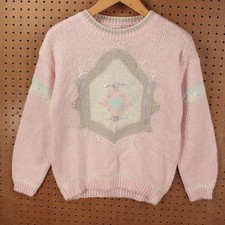 vtg 90s BELDOCH POPPER embroidered holiday pink acrylic rayon sweater MEDIUM tag