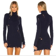 Lovers & Friends Keeney Sweater Dress Size L Distressed Blue Wool NYE Party Sexy