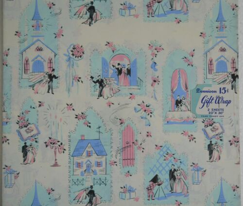 VINTAGE DENNISON HOCHZEITSSZENEN rosa & blau - GESCHENKVERPACKUNG 2 BLATT 20" X 30 C 1940 - Bild 2 von 4