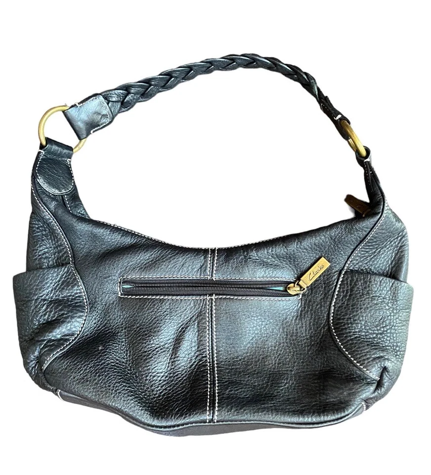 Vtg Y2k Clarks Leather Hobo Purse Pebbled Handbag Black Sling Woven Braided Bag - Image 3 of 4
