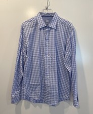 Bugatchi Uomo Mens Blue Plaid Long Sleeve Button Up Dress Shirt Size 17.5