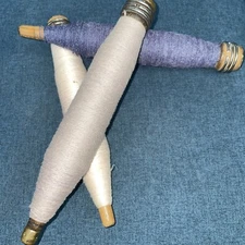 3 Vintage Wooden Spools Textile Mill Thread Bobbins Spindles W/Thread