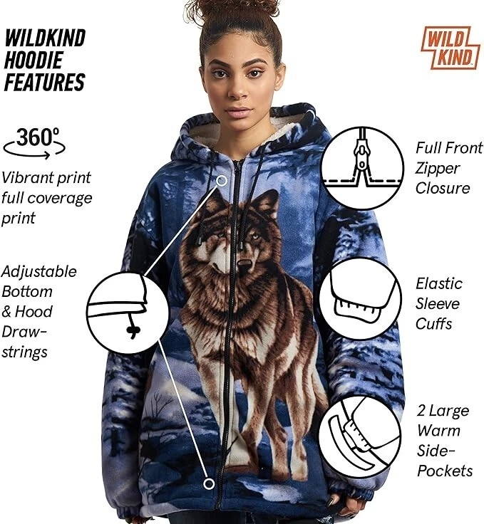 Wildkind Wolf Snow Grey Jacket Wolves Sherpa Fleece Hoodie Blue Sweater M-3X - product detail image 3
