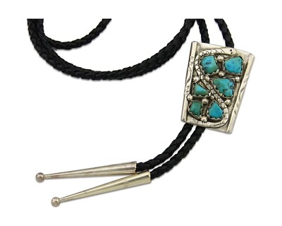 Zuni Bolo Necklace 925 Silver Natural Handmade Turquiose Signed Wayne Cheama C80