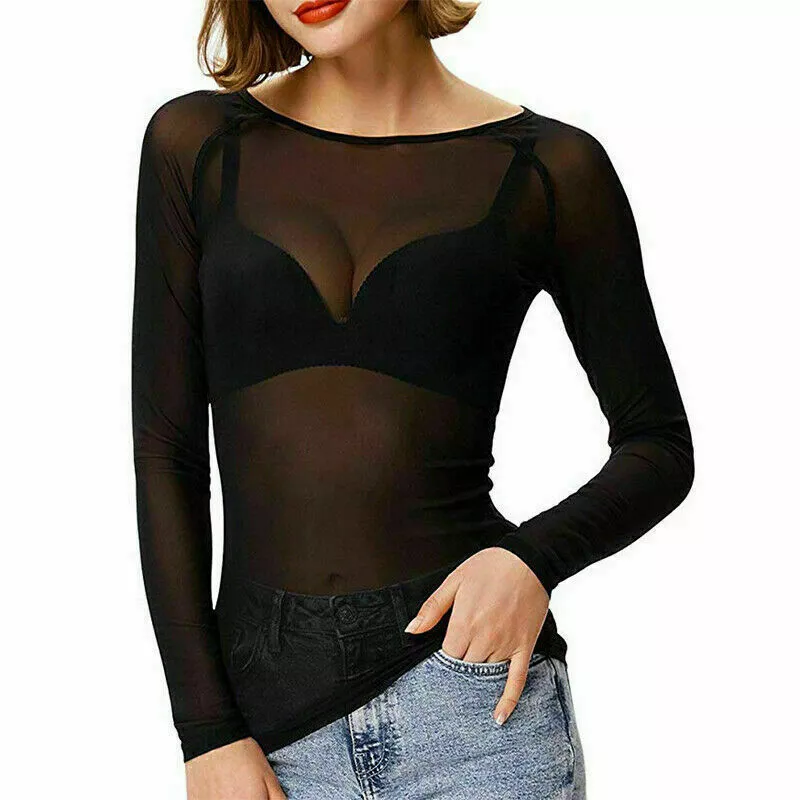 Womens Sheer Mesh Shirt T-shirt Insert See Through Ladies Tee Crop Top Size  8-22