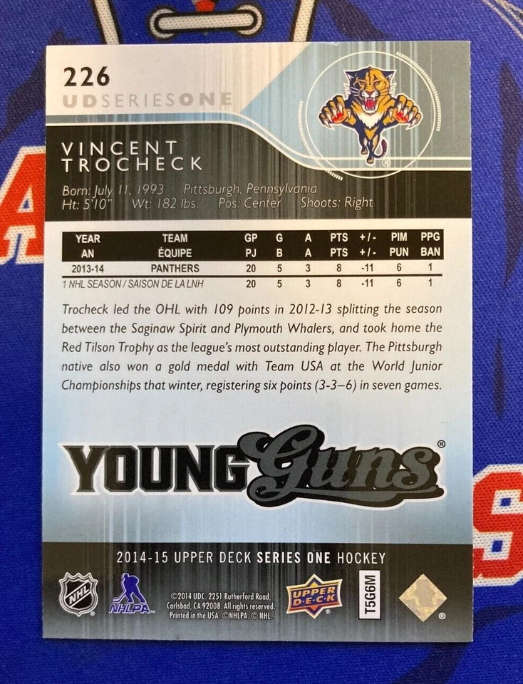 VINCENT TROCHECK RC 2014-15 🏒 Young Guns Rookie #226 Panthers Rangers QTY - Image 3 of 3