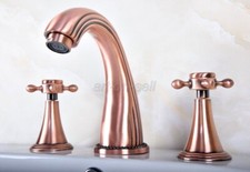 Antique Red Copper Cross Handle Widespread 3 Hole 2 Handle Bathroom Sink Faucet