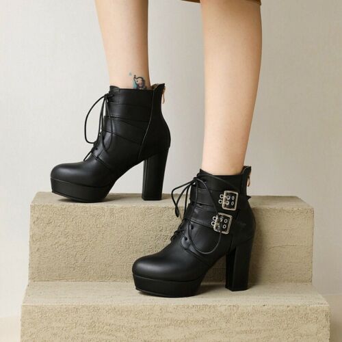 Women's Punk Ankle Boots Round Toe Block High Heel Buckle Platform Shoes 44-48 D - Picture 3 of 17