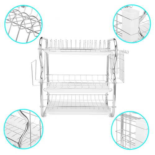 3 Tier Stainless Steel Dish Drainer Crockery Cutlery Rack Organiser w/ Drip Tray - Picture 19 of 20