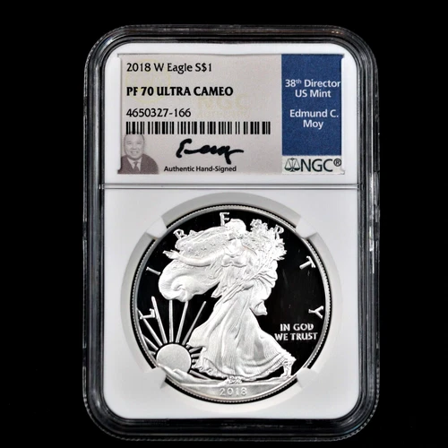 2018 W Edmund C Moy Hand Signed Silver Eagle NGC PF70 Ultra Cameo Coin