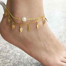 NEW Leaf Pearl Leaves Tassel Double Chain AnkletGold Ankie Foot Beach Barefoot