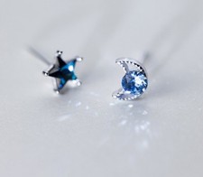 925 Sterling Silver Star Moon Blue Crystal Stud Earrings Women Kids Gift S4