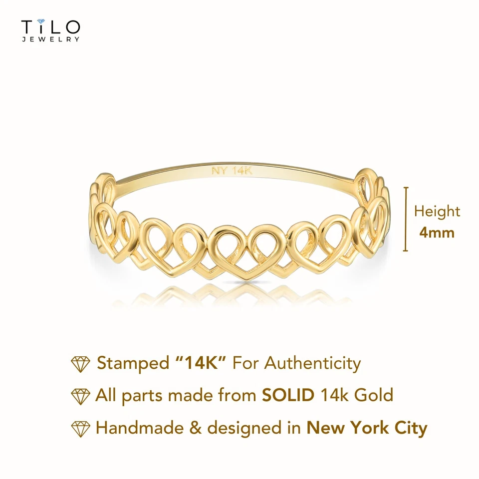 14K Real Solid Yellow Gold Dainty Heart Link Minimalist Braided Band Ring - Image 2 of 4