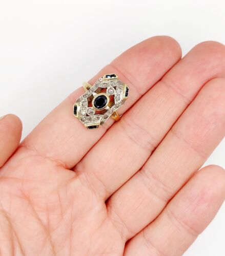 Anillo marquesa art deco oro 18k zafiro, diamante talla rosa y zafiros calibr... - Imagen 9 de 10