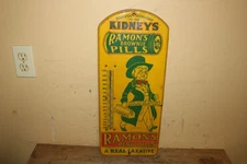 Vintage 1930's Ramon's Kidneys Brownie Pink Pills 21" Metal Thermometer Sign
