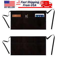 Server Apron Black Waitress Apron w/3 Pockets Waiter Short Half Wais 2/4/6/12pcs