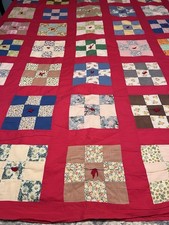 Handmade Nine Patch Quilt Vintage Cotton Prints Ted Floral Hand Tie Needs Repair