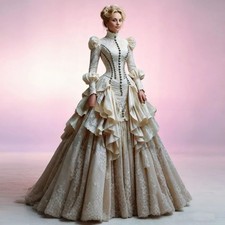 Victorian Wedding Dresses Long Sleeves Ruffle Pleated Princess Lace Bridal Gown