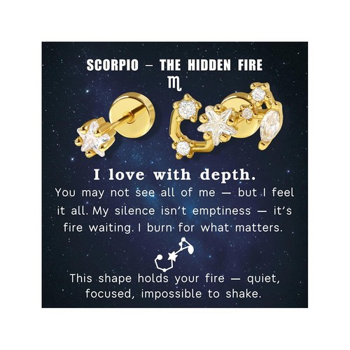 Zodiac Constellation Flat Back Stud Earrings - 14K Gold Plated, CZ, Dainty Surgi