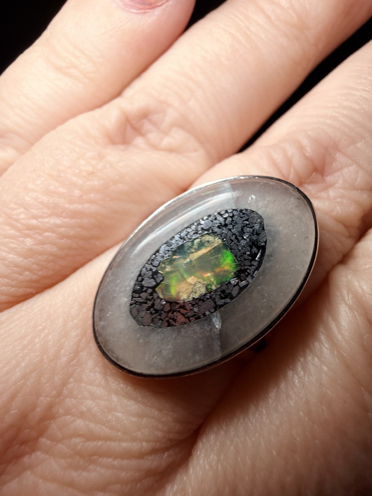 Boulder Opal Pyrite Quartz Statement Ring 925 Ste… - image 4