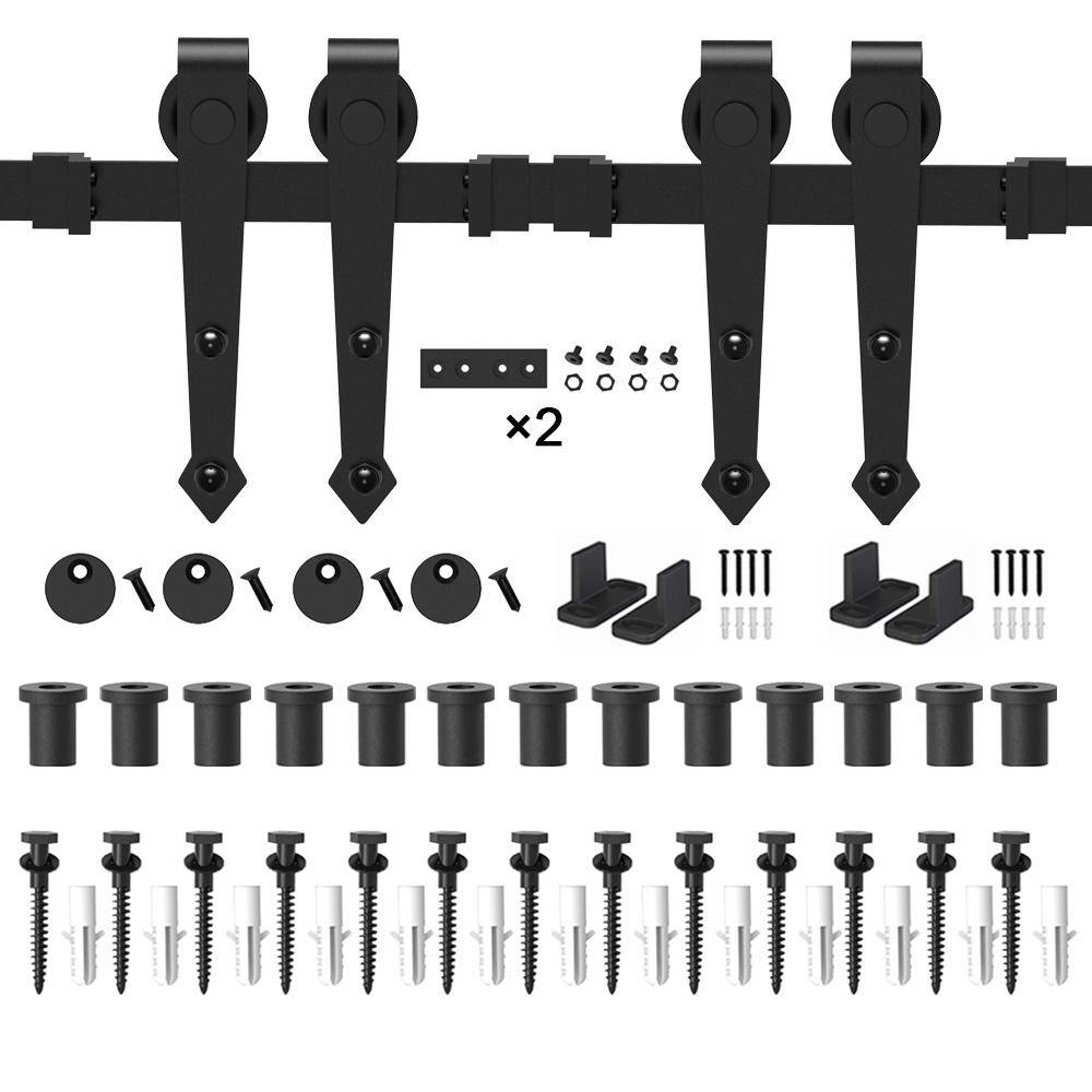 16 Ft./192 In. Black Steel Heavy-Duty Rolling Barn Door Hardware Kit for Double