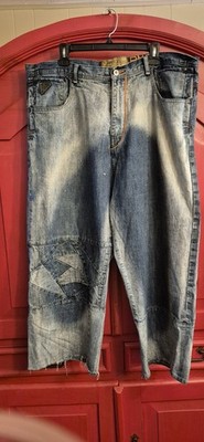 HTF Akademiks Jeans Size 40 RN 0100964 Patchwork Knee Wide Legs Orange Read
