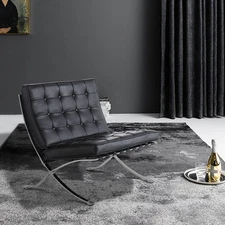 Premium Lounge Chair Genuine Leather Club Seat Stainless Steel Foldable Black