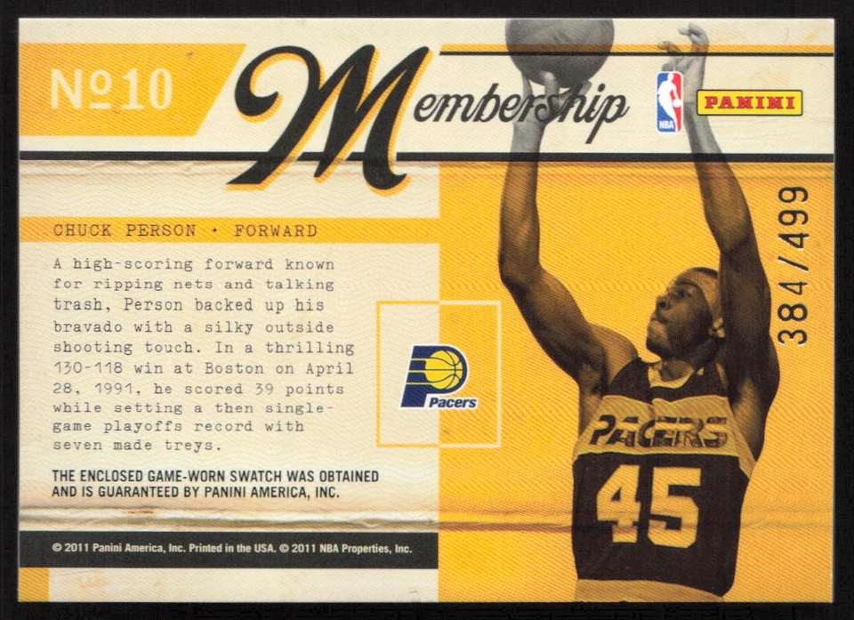 2010-11 Panini Classics материалы для членства No/499 Chuck Person No10 Pacers - Изображение 2 из 2