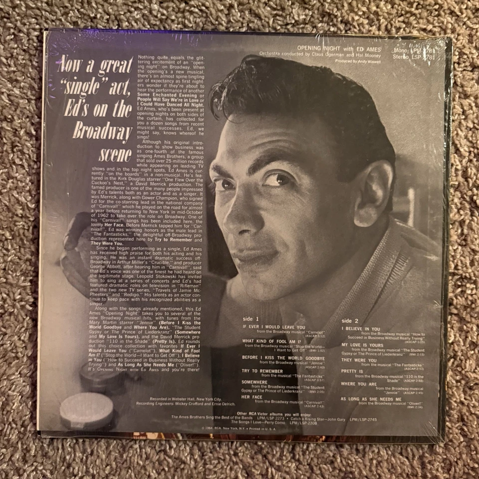 Ed Ames - Opening Night Try to Remember Broadway [1964 Vinyl Record LP] LSP-2781 Foto 2 de 2