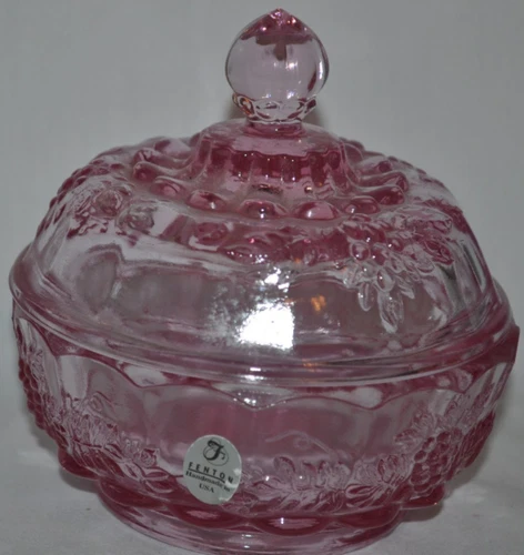 Fenton Empress Rose Glass Paneled Grape PUFF Box Candy Trinket Bowl Dish #6570CP