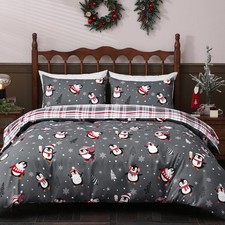 Christmas Duvet Cover Set Queen Size 3 Pieces Penguin Snowflakes Xmas Tree Be...