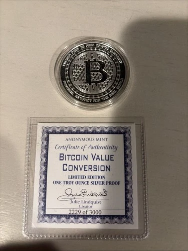 BITCOIN ANONYMOUS MINT PROOF 1 oz .999 SILVER Round w/ COA # 2,229 - Low Mintage