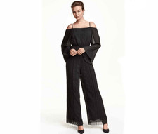 H M Black Peasant Style Wide Straight Leg Jumpsuit Strappy Back 4
