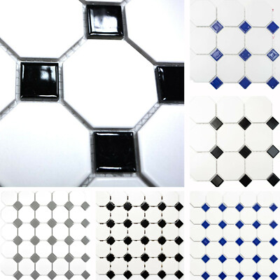 Keramik Mosaik Octagon Achteck Fliesen Weiss Schwarz Weiß Blau