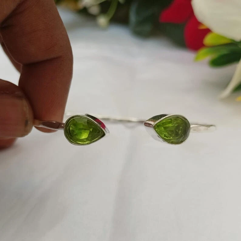 925 Sterling Silver Peridot Gemstone Handmade Jewelry Cuff Bracelet ADJ - image 3 of 4