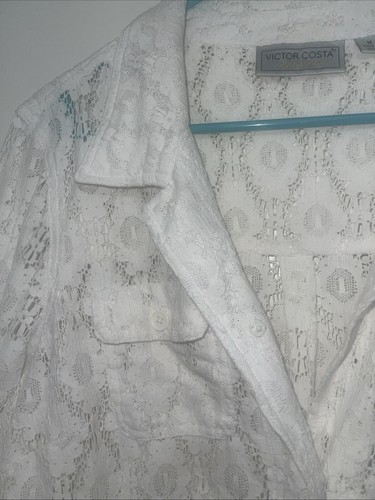 Victor Costa Occasion White Crochet Lace Collar Chest Pockets Shirt Dress Sz M - Picture 7 of 17