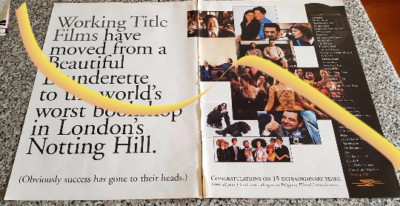 2 page advert + articles WORKING TITLE FILMS Notting Hill, Mr Bean, 3 Weddings